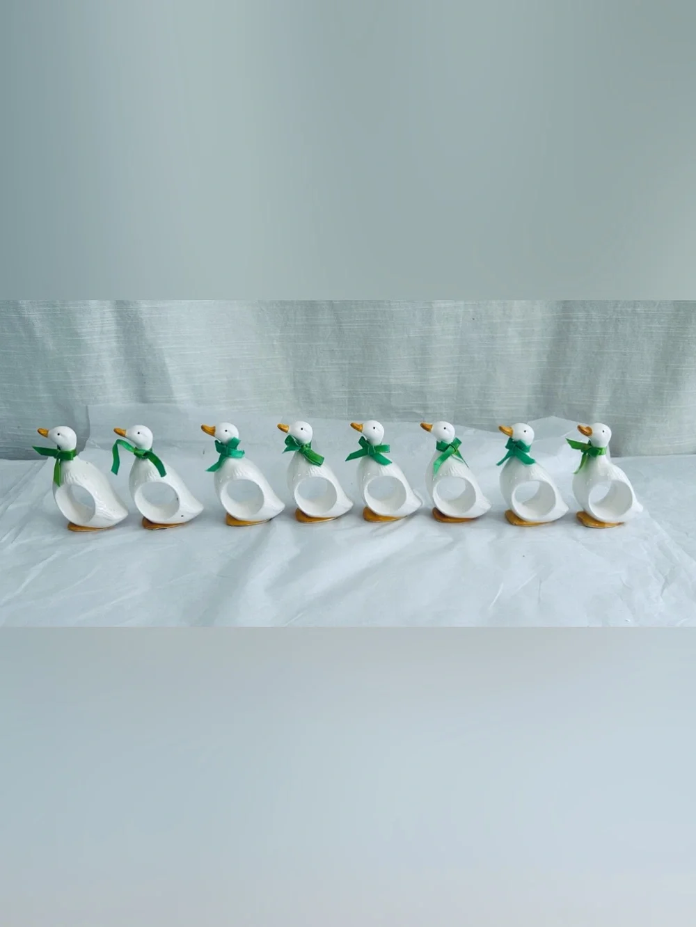 Vintage 1983 R, Gavalon Collectible Ceramic Duck Napkin Rings with Green Bows